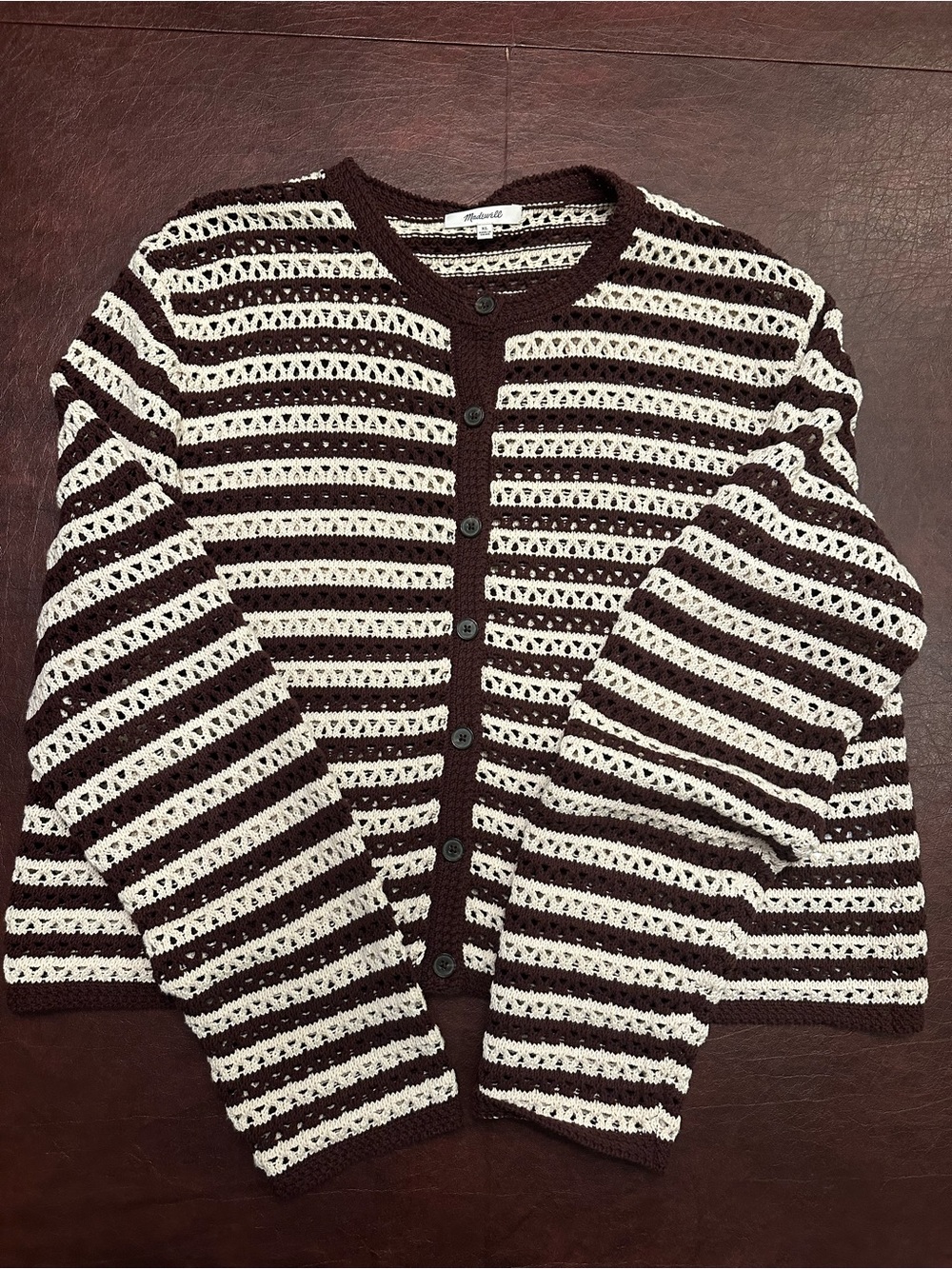 Madewell Crochet-Stripe Button Cardigan in Brown and Cream